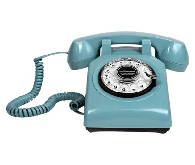 Blue vintage rotary audio guestbook phone available to hire