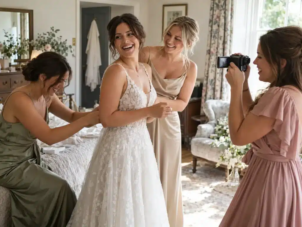 Bridesmaid filming the bride laughing with friends during wedding morning preparations
