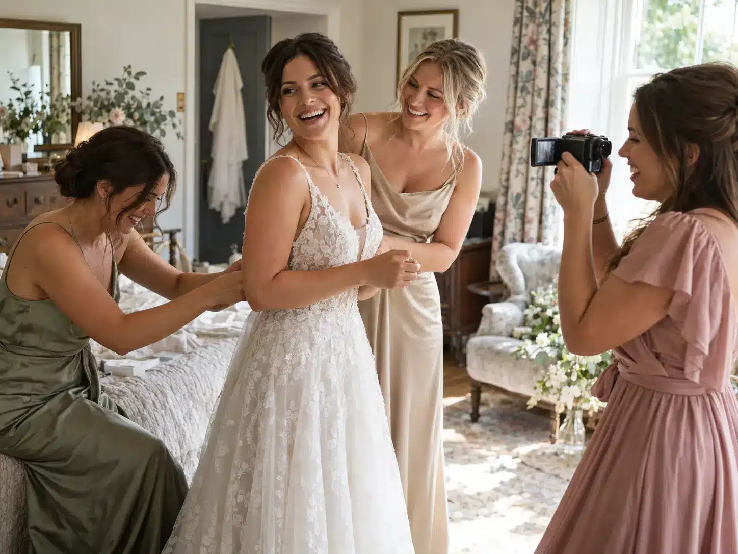 Bridesmaid filming the bride laughing with friends during wedding morning preparations
