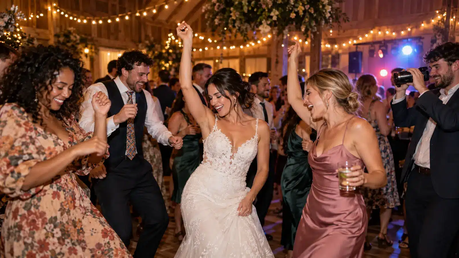 Bride dancing with friends on the wedding dance floor while a guest films the moment