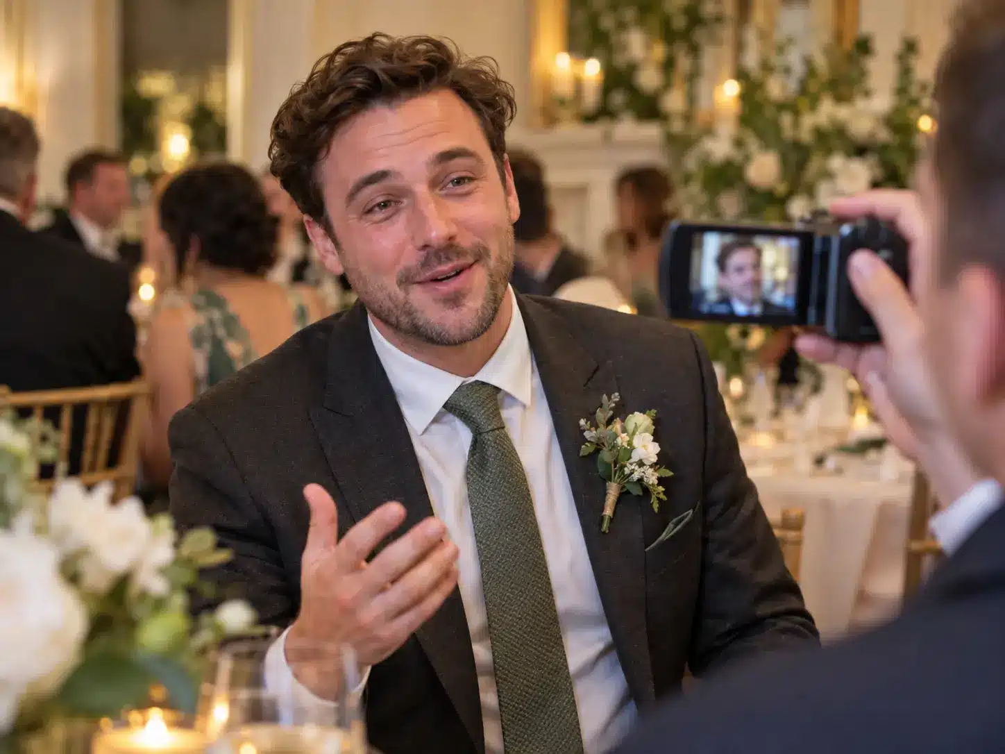 Wedding guest recording a personal video message for the couple at the reception table