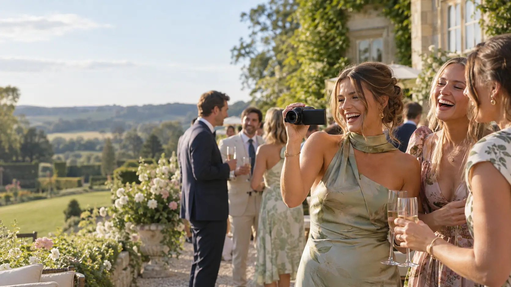 Smiling wedding guest filming friends with a handheld camera on a sunny garden terrace